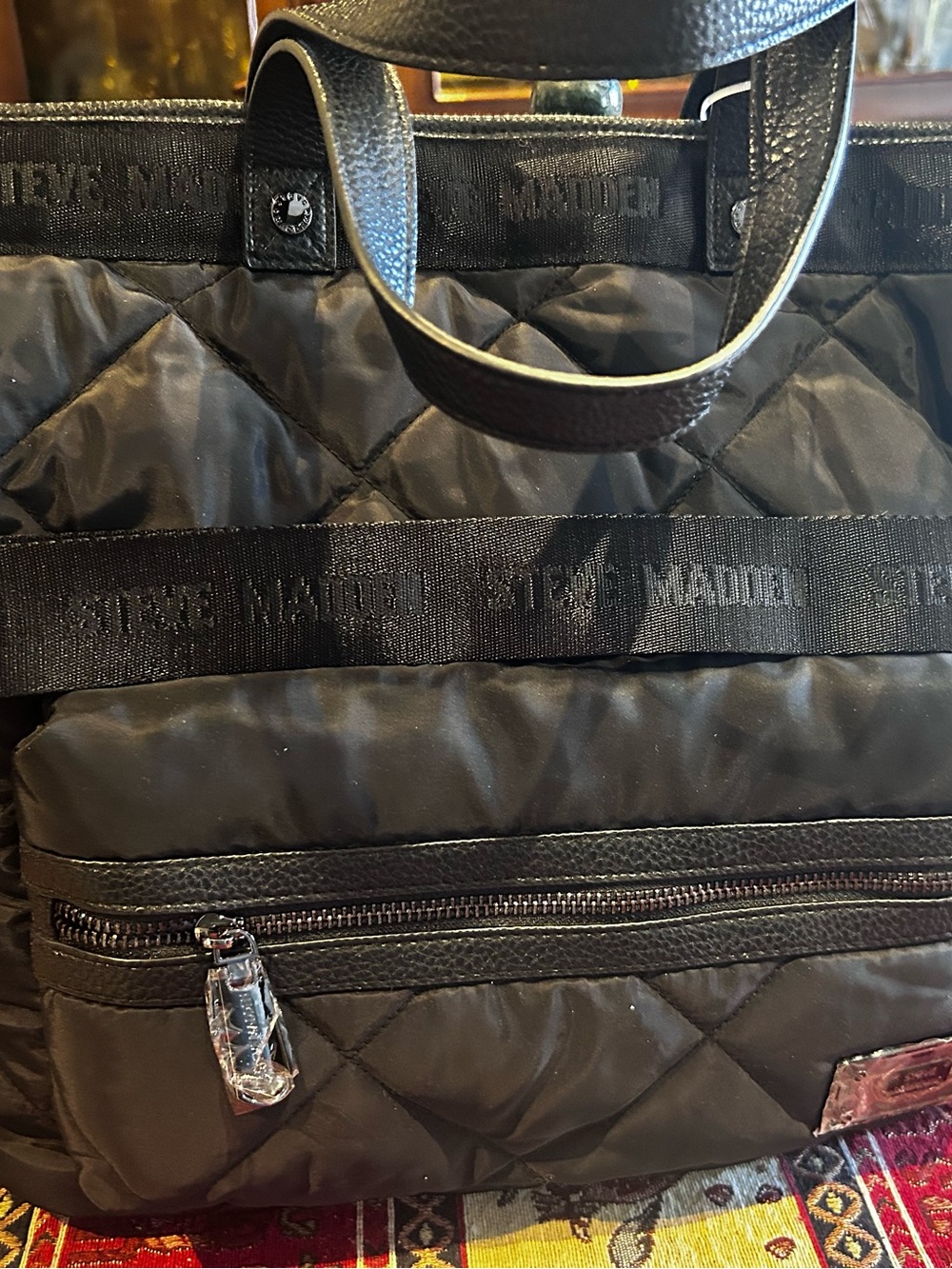 Steve Madden Black Quilted Messenger Tote